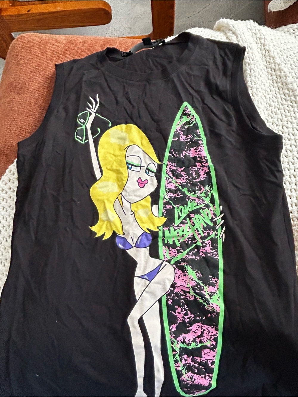 Moschino Black Graphic Surf Tank Top with Neon Surfboard Design